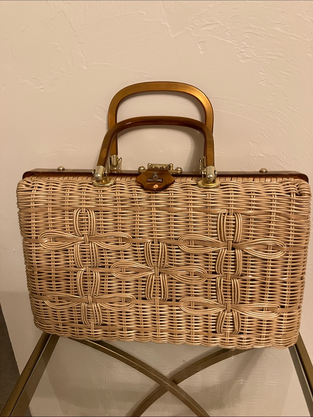 VTG Stylecraft Miami Woven Rattan Satchel in Natural with Brown Trim